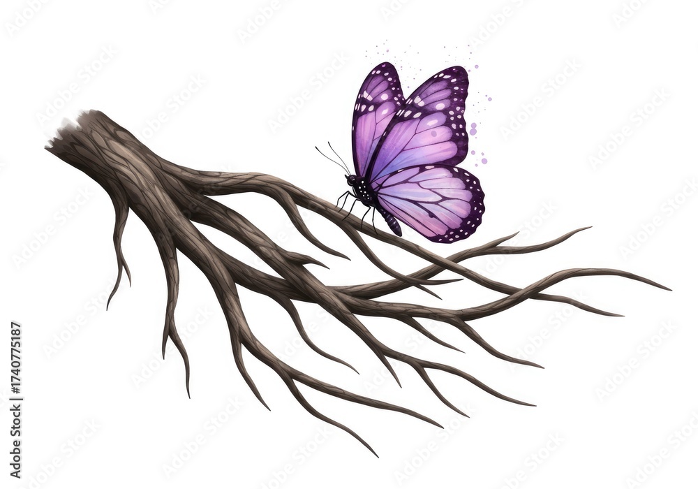 Obraz premium Watercolor illustration of a vibrant purple butterfly perched on a detailed brown branch
