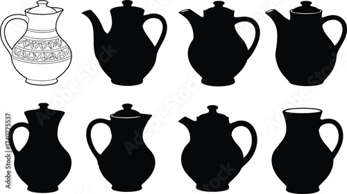 Black silhouette vector of traditional ceramic jugs and pottery pitchers with handles, antique decorative teapots, vintage kitchen and dining utensils.