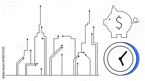 Abstract city skyline with circuit lines, piggy bank with dollar sign, and clock. Ideal for technology, finance, urban development, time management, innovation economy future planning. Simple flat