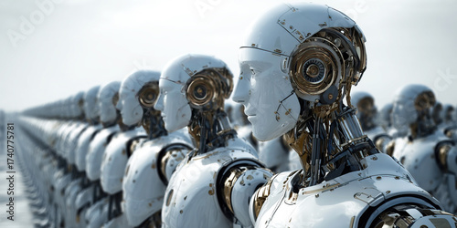 World population day observation with chrome robots in production technology setting
