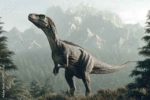 Afrovenator predator in a prehistoric landscape of forests and mountains