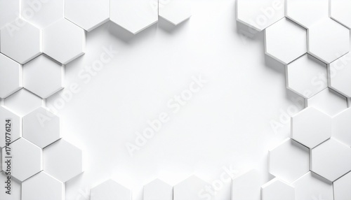 White abstract background of interlocking hexagons with raised and recessed elements, creating depth and a central focal space—modern, structured, and tech-inspired.