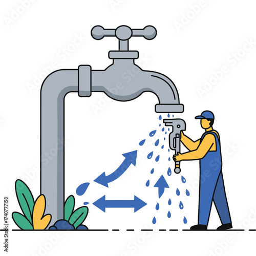 Plumber fixing a leaky faucet with wrench repair water plumbing maintenance service dripping drop leakage home improvement