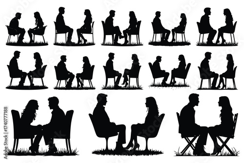 Silhouettes of couples sitting on chairs in various poses