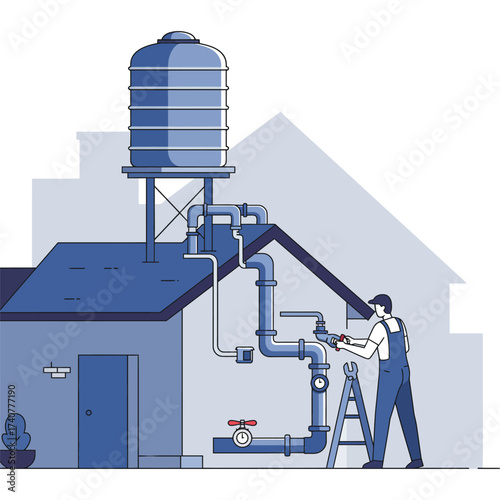Plumber fixing pipes and water tank on a house roof repair maintenance plumbing service ladder worker home building construction