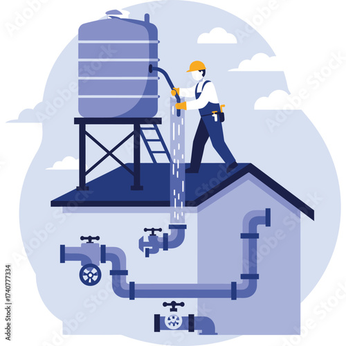 Water Tank Installation and Plumbing System Illustration plumber repair house roof pipe valve service maintenance engineer worker