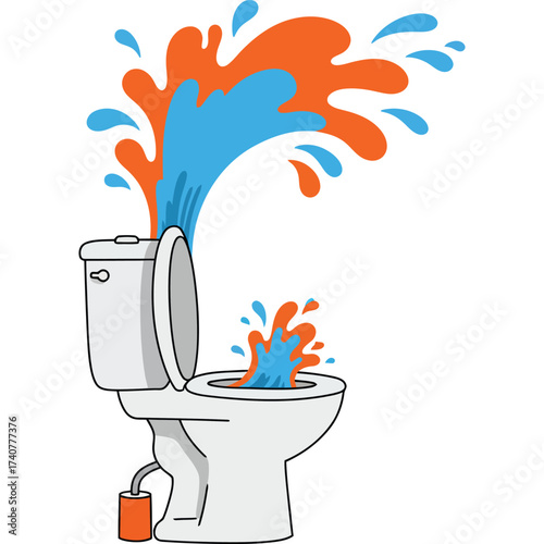 Cartoon Toilet Overflowing with Water plumbing leak flush bathroom fixture illustration humor funny accident mess cleaning maintenance