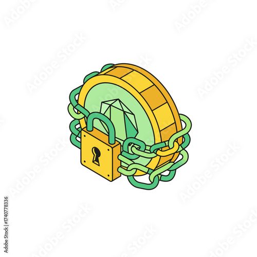 Secure your digital assets with this eye catching coin, chain, and lock illustration for your financial security and data protection needs