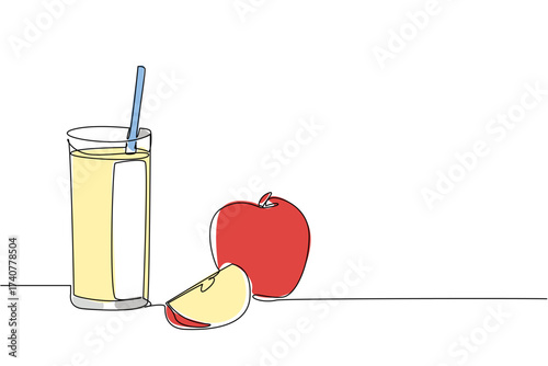 Single one line drawing glass of apple juice with a straw in the glass. Sweet or sour, the deliciousness completes the day. Tasty. National Juice Slush Day. Continuous line design graphic illustration