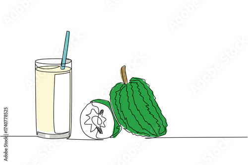Continuous one line drawing a glass of soursop juice with straw in the glass. Freshness in summer. Cold drinks. Smoothie soursop. National Juice Slush Day. Single line draw design vector illustration