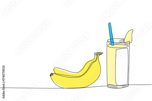 Single one line drawing glass of banana juice with a straw in the glass. Enjoy the deliciousness of fruit in a different way. National Juice Slush Day. Continuous line design graphic illustration