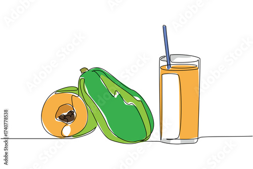 Single continuous line drawing glass of papaya juice with straw in glass. Enjoy fruit by making juice. Easy and still full of vitamins. National Juice Slush Day. One line design vector illustration