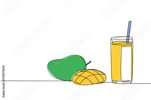 Single continuous line drawing glass of mango juice with a straw in the glass. Delicious and vitamin rich mango smoothie. Fresh. Sweet. National Juice Slush Day. One line design vector illustration