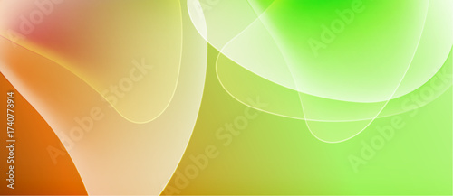 Abstract background features flowing shapes, gradients. Colors transition from orange, peach to vibrant green. Smooth curves create dynamic visual effect.