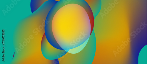 Abstract fluid shapes blend, creating vibrant color gradients. Yellow dominates center, surrounded by blue, green, red hues. Smooth transitions define composition.