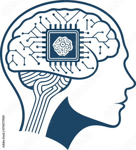 Human head silhouette with brain and gears illustration.