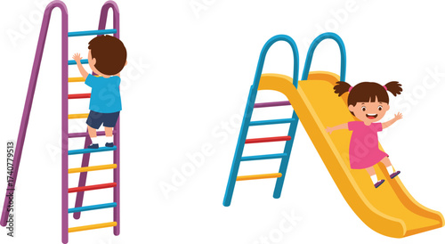 Cartoon illustration of happy little boy climbing colorful playground ladder and smiling girl sliding down yellow slide during fun playtime.