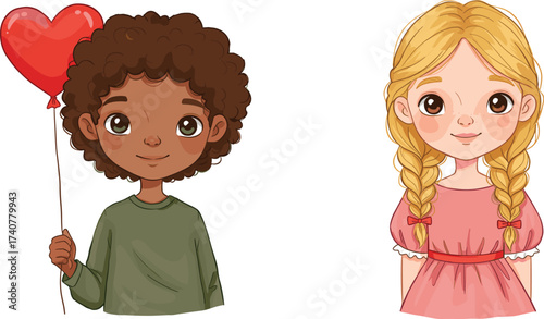 Cute cartoon illustration of smiling boy holding red heart balloon standing beside adorable blonde girl with braids in pink dress.