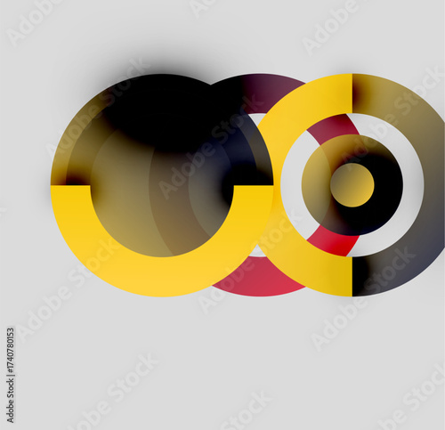 Abstract circles overlap, creating complex shapes. Colors include yellow, black, red, white, brown, purple. Minimalist design, modern aesthetic.