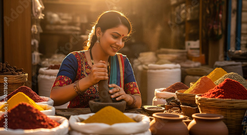 Woman grinding spices at traditional Indian spice market at sunset