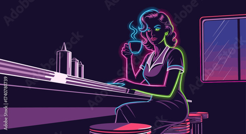 Neon diner aesthetic: A woman enjoying coffee with a retro vibe ambiance illustration