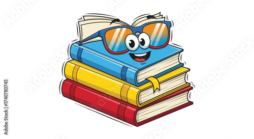 Cheerful Cartoon Books Stacked with Sunglasses, Conveying Knowledge and Education in a Fun Way