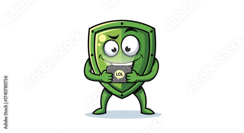 Cartoon shield character using smartphone with LOL text, social media concept and modern