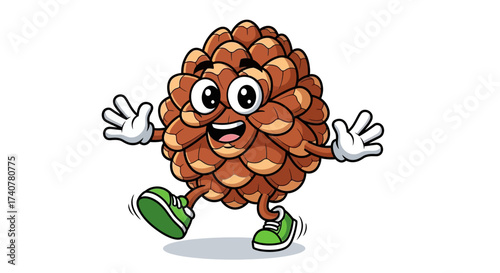 Cartoon pine cone character with happy expression and wearing shoes for design elements