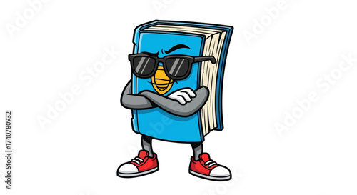 Cartoon book character with sunglasses and arms crossed exudes coolness and confidence