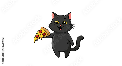 Adorable cartoon black cat joyfully holding a slice of pepperoni pizza on white background