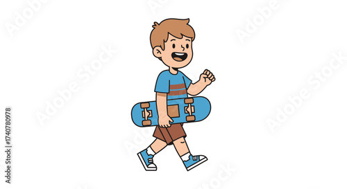 Cartoon illustration of a happy boy walking with a skateboard ready for fun activities