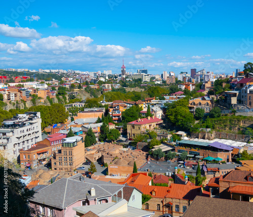 An aerial view of the sulfur baths district in the historic center of Tbilisi, Georgia, on a sunny day