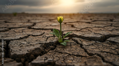 Resilience of New Life: A tenacious sprout pushes through cracked earth, symbolizing the enduring strength of life and the promise of renewal under a dramatic sky.