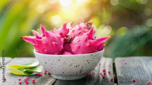 pitahaya in a white bowl on a wooden table nature background. Selective focus