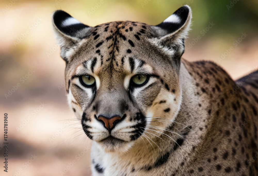 Obraz premium Close-up portrait of a wild puma with intense gaze and spotted tawny fur, captured in natural light against a blurred earthy background, showcasing wildlife elegance and feline power.