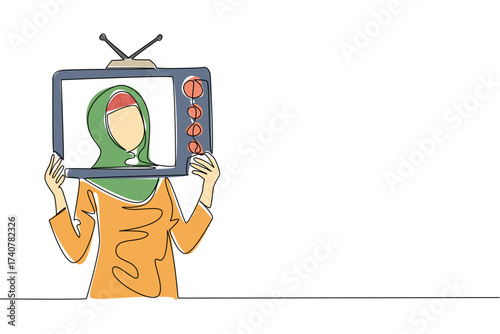 Continuous one line drawing a young beautiful woman wearing a hijab holds an old television made of cardboard. Role play as a presenter. Inside Television. Single line draw design vector illustration