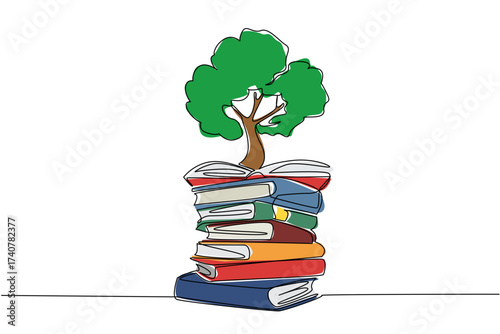 Single one line drawing a pile of books and on top of it there is a big tree. Reading the good plant care module. Greening for the earth. Shady. Book Tree. Continuous line design graphic illustration