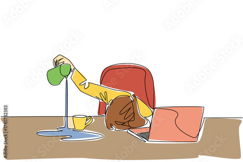 Single continuous line drawing businesswoman holding a pitcher of coffee and pouring its contents into the side of the glass. Overtime until late. Exhausted. Tired. One line design vector illustration