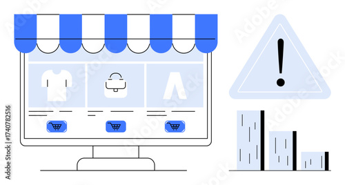 Computer screen displaying an ecommerce site with products and cart icons, next to a warning alert and falling bar chart. Ideal for ecommerce challenges, risk, caution, analytics, trends, sales