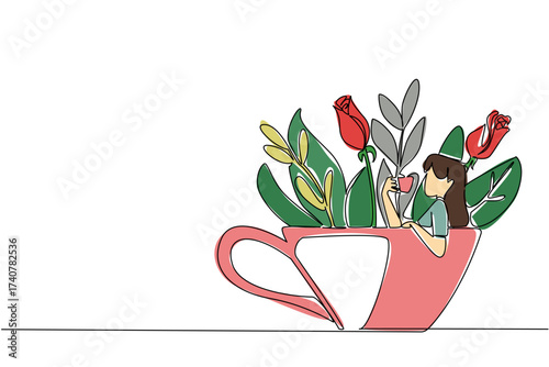 Single continuous line drawing woman wearing casual clothes holding a cup while soaking and leaning on the cup. Relaxation. Calming down. Enjoy. Soaking Inside Cup. One line design vector illustration