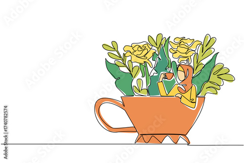 Continuous one line drawing woman wearing hijab holding a cup while soaking and leaning on the cup. Drinking warm tea to relax. Enjoy. Soaking Inside Cup. Single line draw design vector illustration