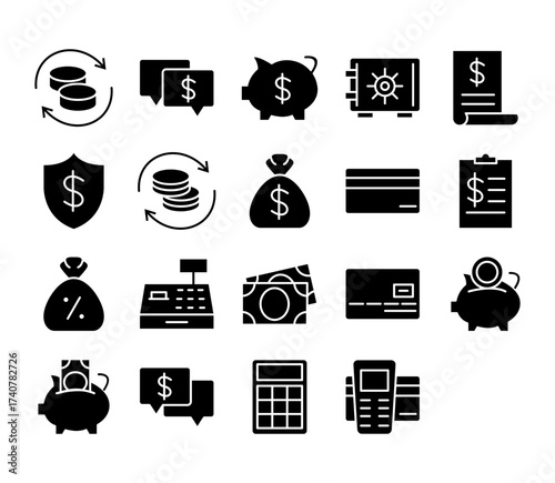 Banking Vector Icon Set Wallet ATM Piggy Bank Credit Card Mobile Payment Cash Savings Transaction Finance Money Receipt Checkout Currency Deposit