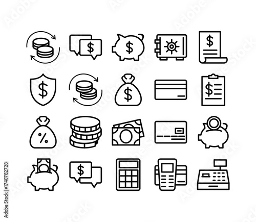 Banking Vector Icon Set Wallet ATM Piggy Bank Credit Card Mobile Payment Cash Savings Transaction Finance Money Receipt Checkout Currency Deposit