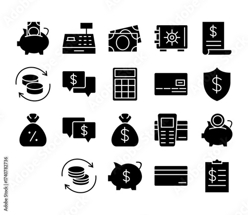 Banking Vector Icon Set Wallet ATM Piggy Bank Credit Card Mobile Payment Cash Savings Transaction Finance Money Receipt Checkout Currency Deposit