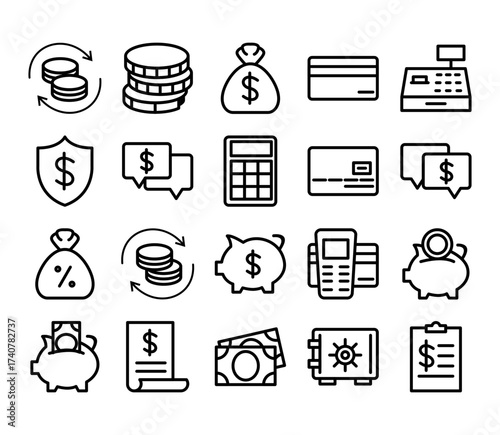 Banking Vector Icon Set Wallet ATM Piggy Bank Credit Card Mobile Payment Cash Savings Transaction Finance Money Receipt Checkout Currency Deposit