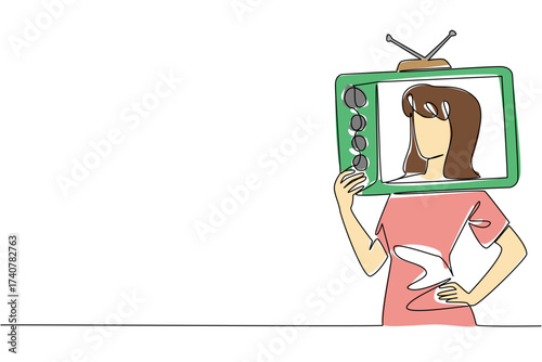 Continuous one line drawing a woman in casual clothes holding an old television made of cardboard. Look like a model on television. Inside Television. Single line draw design vector illustration