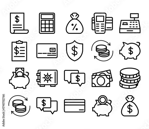 Banking Vector Icon Set Wallet ATM Piggy Bank Credit Card Mobile Payment Cash Savings Transaction Finance Money Receipt Checkout Currency Deposit