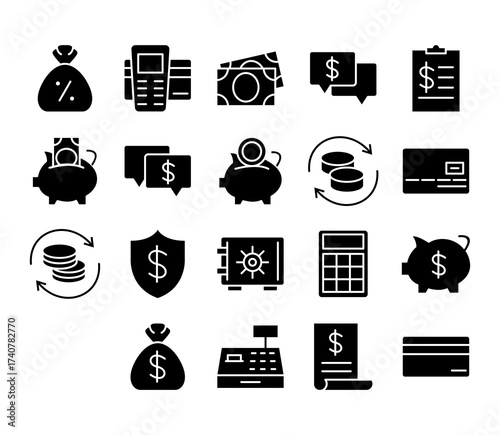 Banking Vector Icon Set Wallet ATM Piggy Bank Credit Card Mobile Payment Cash Savings Transaction Finance Money Receipt Checkout Currency Deposit