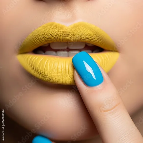 Obraz Vibrant yellow lips and bright blue nails close-up makeup beauty macro shot bold color contrast