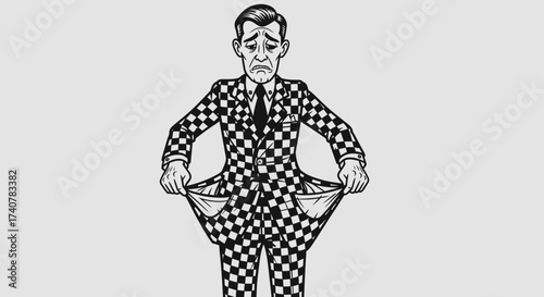Bankrupt businessman in checkered suit showing empty pockets on light background